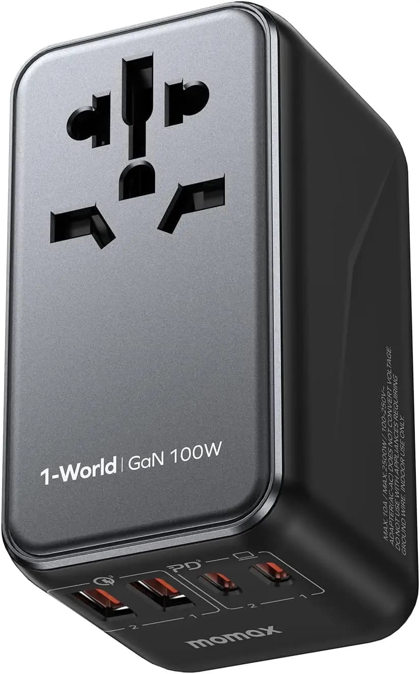 Adattatore da viaggio universale Fast GaN da 100 W con 2 porte USB-C e 2 USB-A per laptop, tablet, telefoni in tutto il mondo