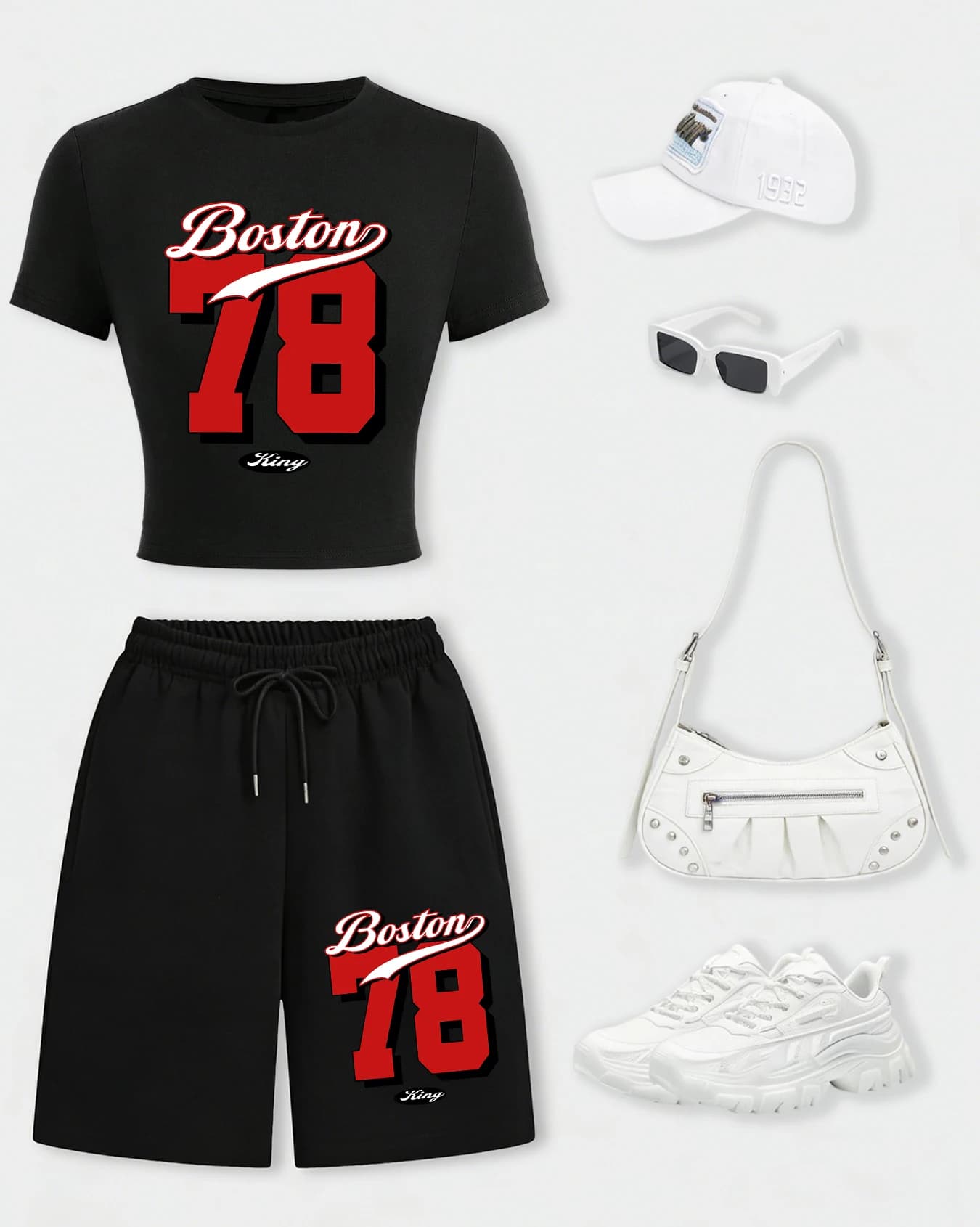 Set T-Shirt Crop by Donna Design Boston Number 78, Cotton T-Shirt with Round Neck and Pockets, Summer Shorts by Gamba Larga with Coulisse, Black Pants