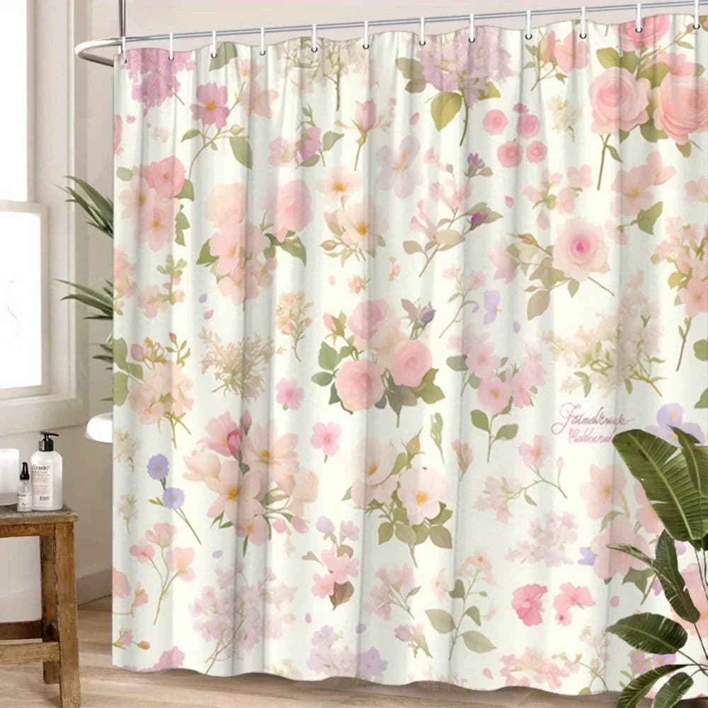1 Tenda da doccia floreale: motivo acquerello vintage rosa, giglio e margherita in rosa, lavanda e bianco con ganci