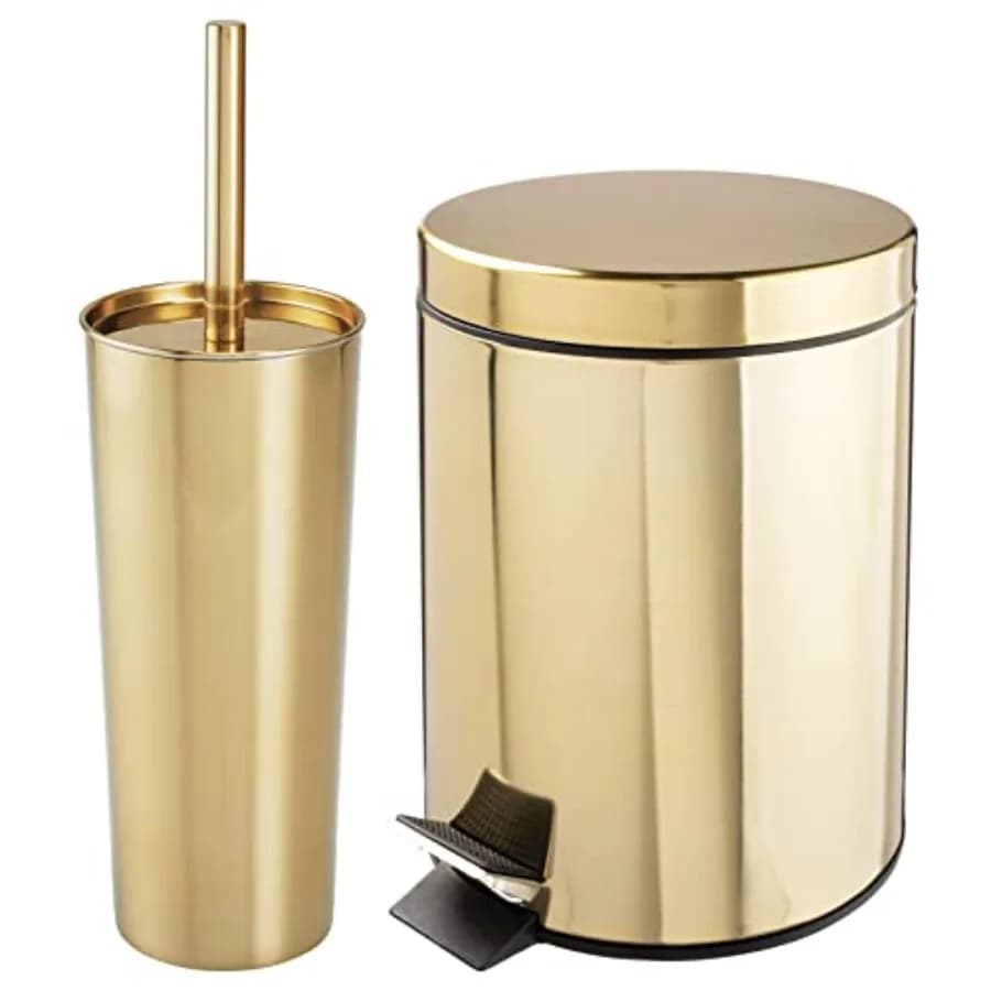Set Combinato per Bagno: Spazzola per WC in Metallo/Acciaio/Plastica con Supporto e Pattumiera Rotonda da 5L (1.3 Galloni) con Pedale; Contiene Rifiuti, Riciclo