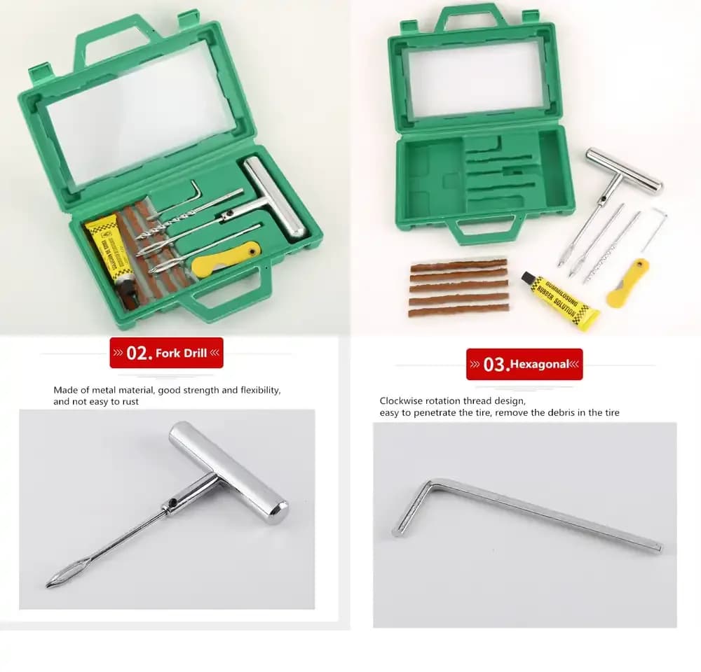 Set di Attrezzi per Riparazione Pneumatici Auto con Cassetta in Plastica, Kit di Emergenza 11 Pezzi