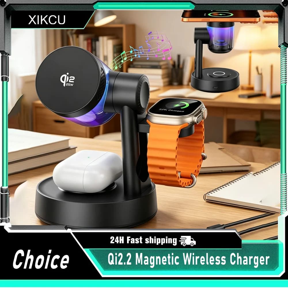 Caricatore Wireless Magnetico Qi2 25W con Ricarica Rapida e Altoparlante Bluetooth per iPhone 17 Pro Max, Apple, Samsung Galaxy Watch, Airpods