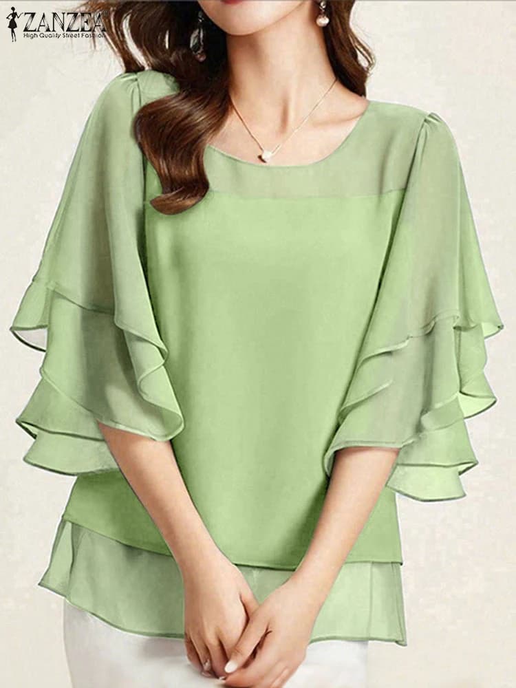 ZANZEA Camicetta di chiffon di moda Donna Tinta unita Top Tunica 2025 Autunno Manica 3/4 Camicie arricciate Casual Office Lady Top eleganti