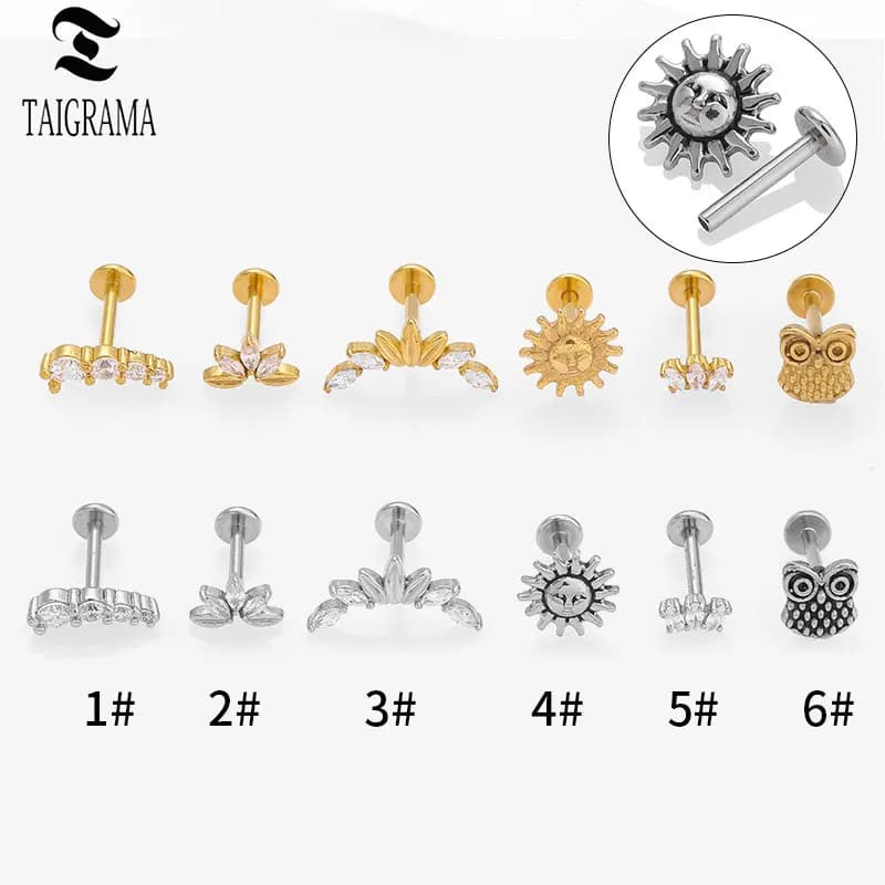 Orecchini con retro piatto in acciaio chirurgico 316L per le donne con filettatura interna fiore sole orecchio stud trago elica orecchini gioielli