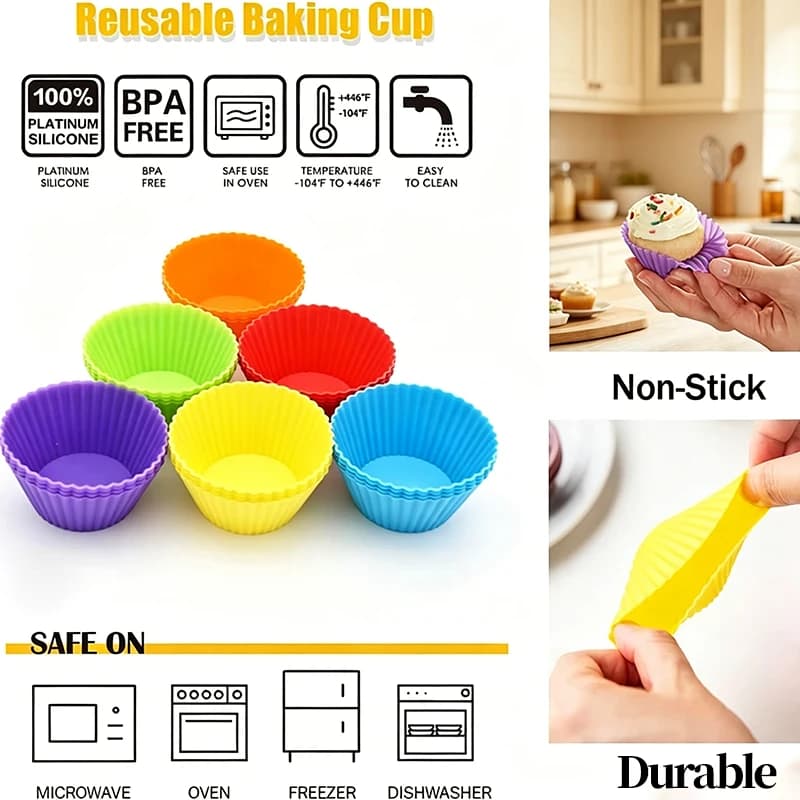 12Pcs Round Silicone Cake Mold, Reusable Air Fryer Muffin Pudding Cupcake Baking Molds, High - temperature Resistant HPMD007