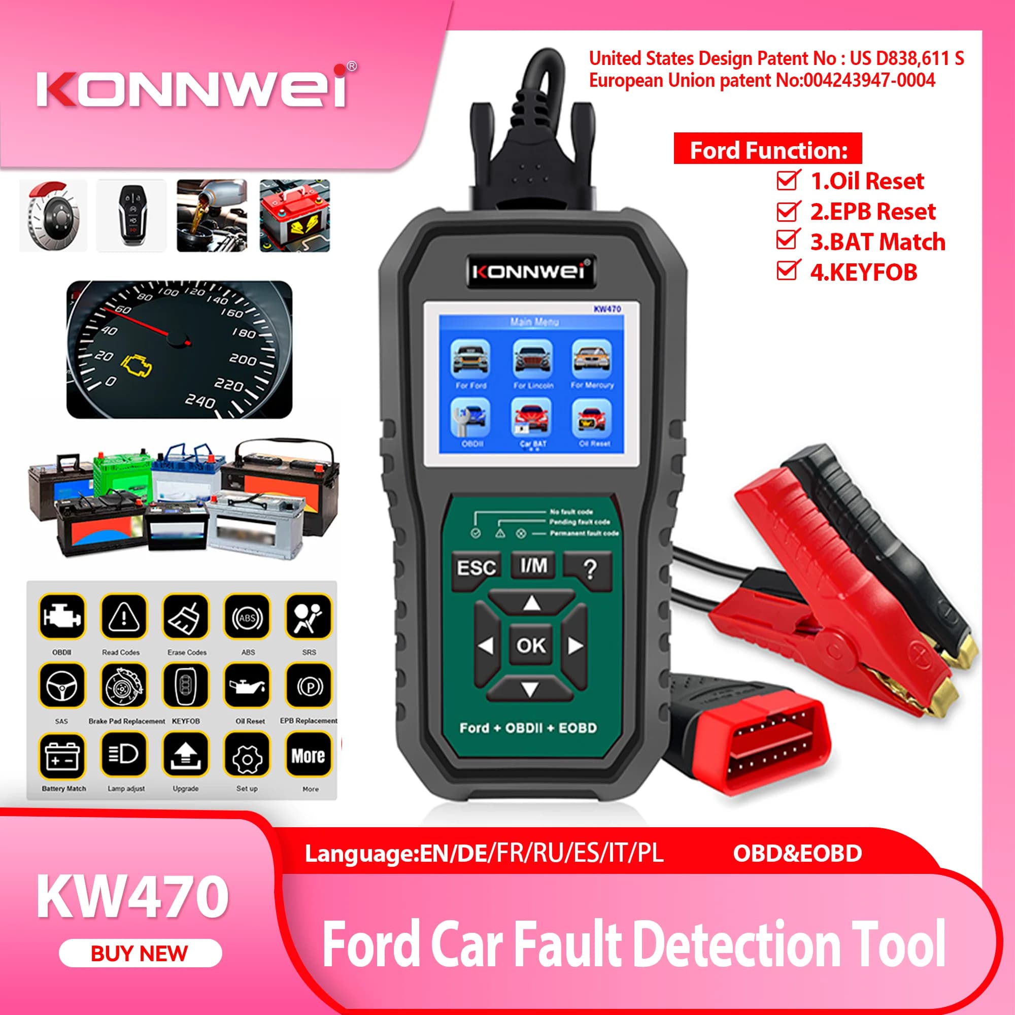 Konnwei KW470 Scanner OBD2 per auto Funzioni complete Strumento di scansione OBDII ABS SRS per Ford con test attivo 3 Strumento di ripristino olio/SAS/BMS di servizio