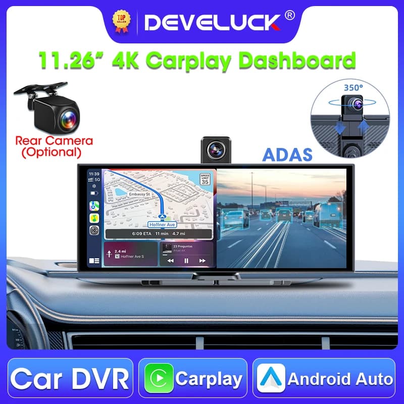 Develuck 11.26" ADAS Car DVR 4K Dash cam 350 ° Revolving front camera Carplay Android Auto Dual Lens Recorder Voice control Siri