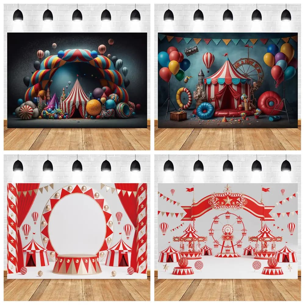Circo Carnevale Tema Fotografia Sfondo Tenda rossa Tenda Palloncino Ferris Stella Baby Shower Kid Festa di compleanno Sfondo Decor