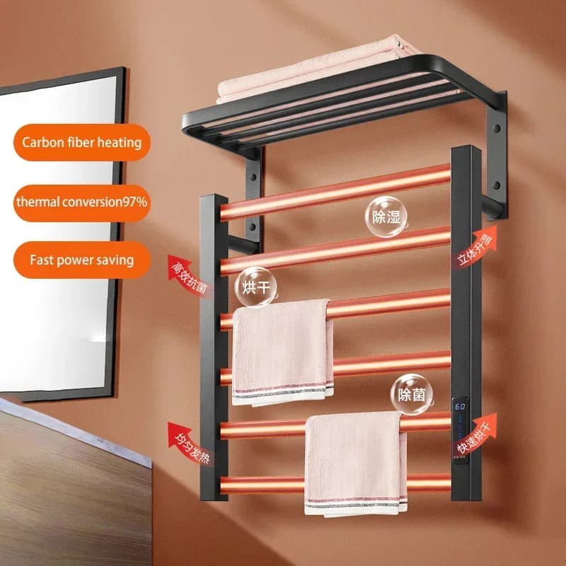 Portasciugamani elettrico intelligente in fibra di carbonio per bagno, display digitale temporizzato, portasciugamani per asciugatura asciugamani