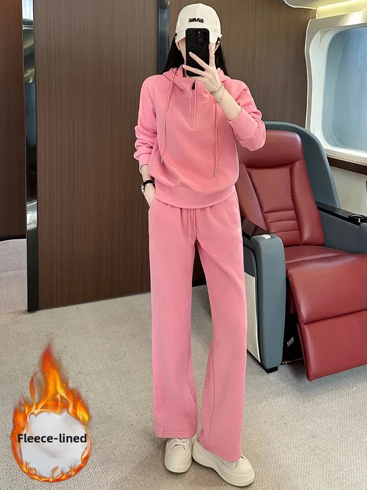 Fashionable Casual Women's Set 2025 Autumn New Fleece Long Sleeve Hoodie Pink Wide Leg Pants Two Piece Set Comfortable Street...