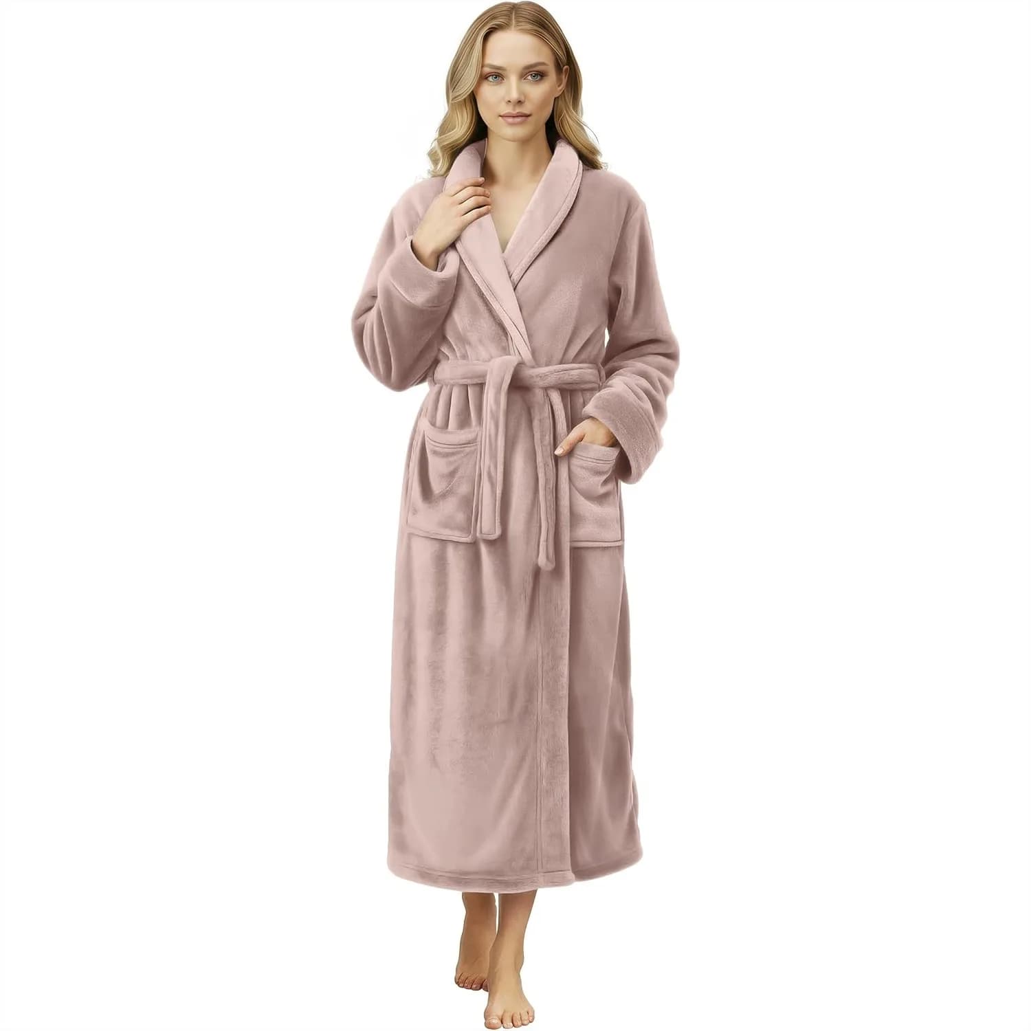 Women's Plush Fleece Bathrobe, Soft Fluffy Long Robe with Pockets for After Shower