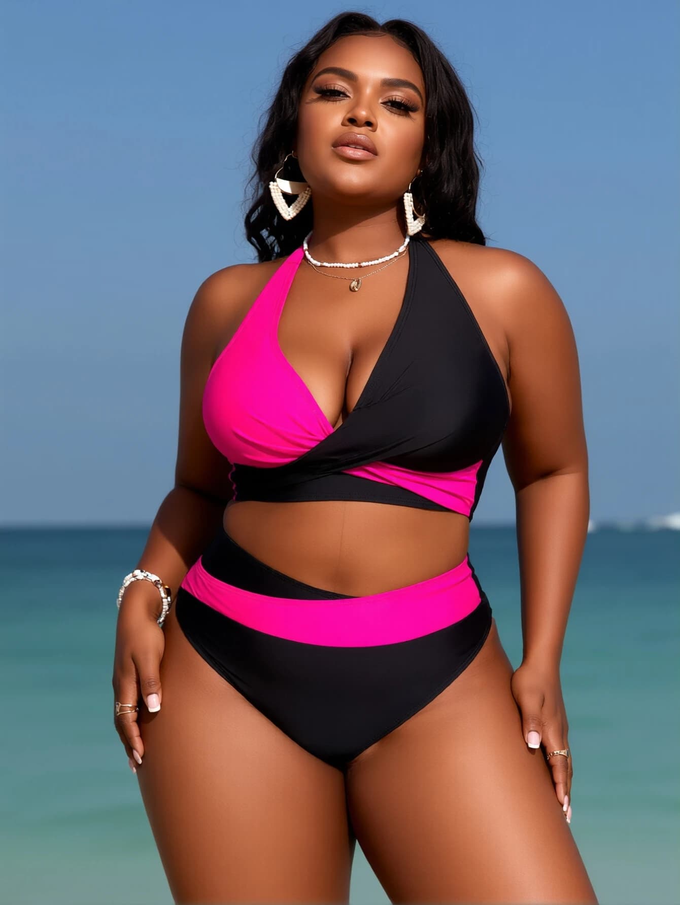 Plus Size Black Hot Pink Color Block Halter Bikini Set Cross Wrap V Neck High Waist Tummy Control Bathing Suit