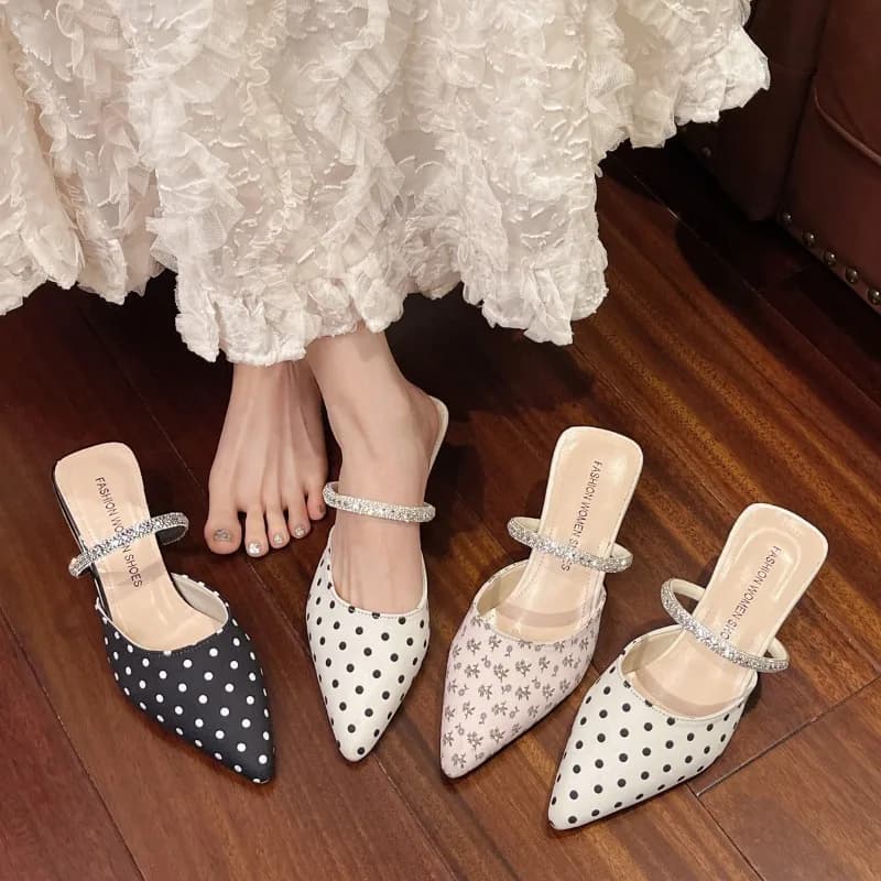 YNPO Ciabatte da Donna con Tacco Alto a Pois, Cinturino con Strass, Punta Coperta, Slingback, Mules, Scarpe Estive da Festa, Ciabatte da Donna