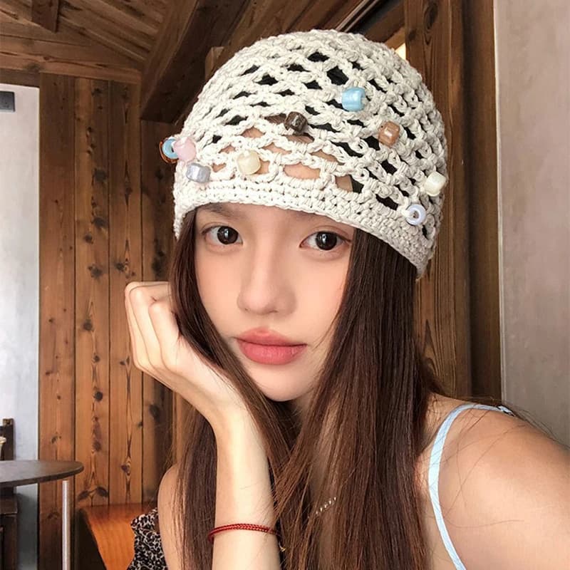 Nuovo Cappello all'Uncinetto Stile Boho da Donna, Berretto Estivo Coreano alla Moda, Cappello Lavorato a Maglia Traforato Traspirante, Accessori Y2K