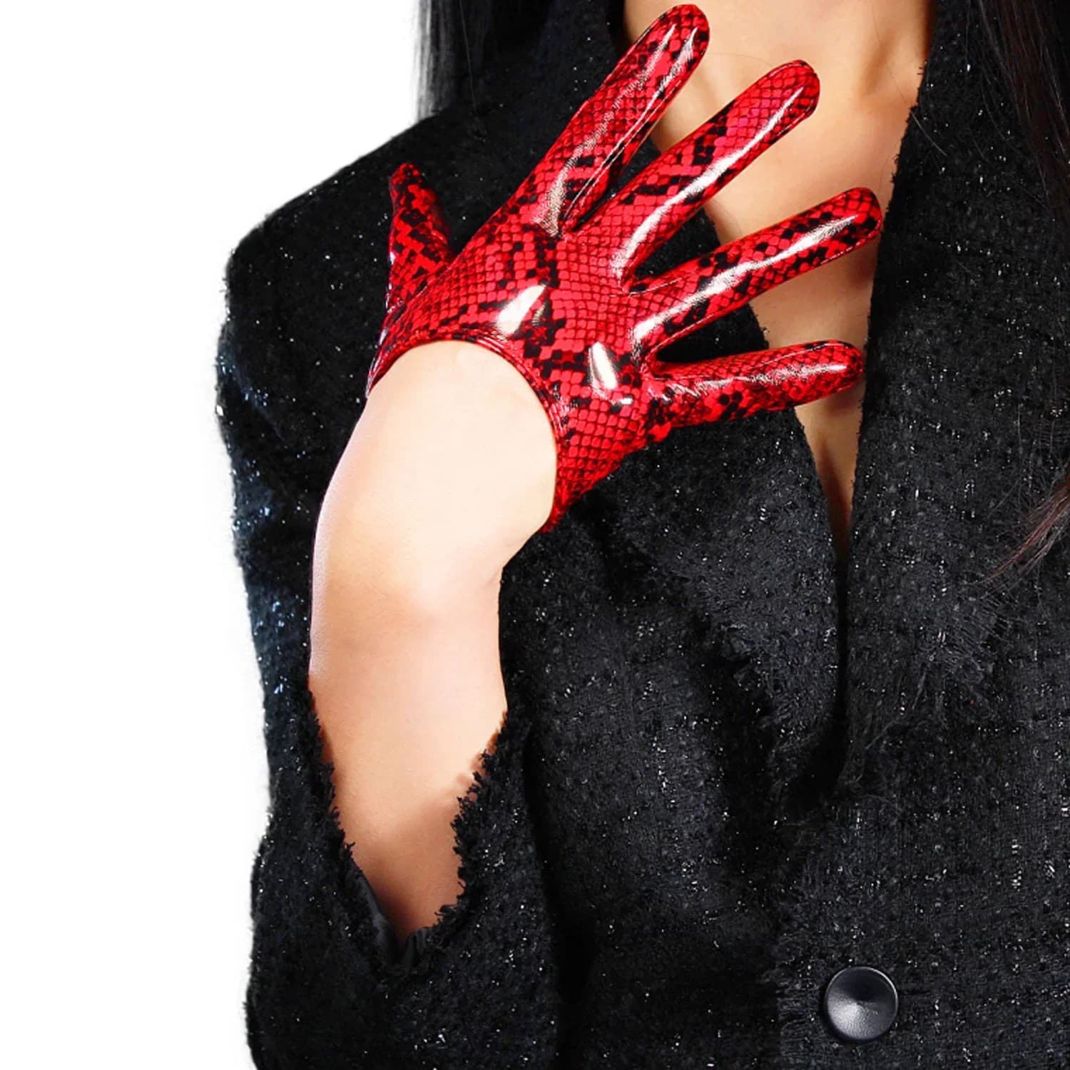 Guanti da donna DooWay in lattice PU effetto pelle lucida, rossi, super corti, con stampa serpente pitone, per Halloween o serate a tema animali selvatici