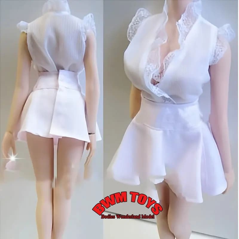 In Magazzino 1/6 Bilancia Soldato Femminile Con Scollo A V Senza Maniche Top In Pizzo Bianco Gonne Corte Modello di Vestiti Per 12 pollici Action Figure bambola