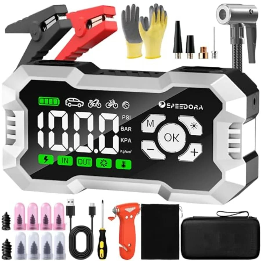 Avviatore di Emergenza Portatile 12-in-1 per Auto 8000A con Compressore d'Aria da 160 PSI per Tutti i Motori a Benzina 12L e Diesel, Pressione Pneumatici