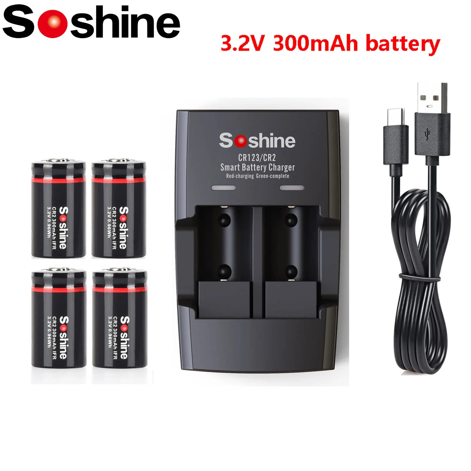 Batteria Ricaricabile Soshine CR2 e Caricabatterie 3.2V 300mAh LiFePo4 per Telemetri, Telescopi, Giocattoli Elettrici, Rilevatori di Fumo
