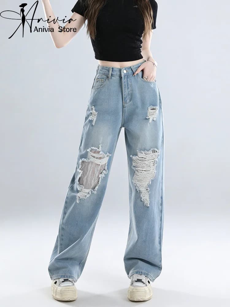 Jeans in denim blu casual da donna con fori in rete, stile Y2K Harajuku American High Street, moda vintage anni 2000, pantaloni lunghi in denim, abbigliamento 2026