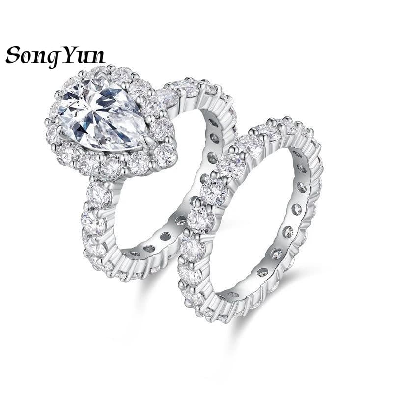 Anello in Argento 925 di Design SongYun, Set di Anelli con Diamanti Moissanite a Goccia d'Acqua Colore D VVS per Donna, Gioielli Raffinati
