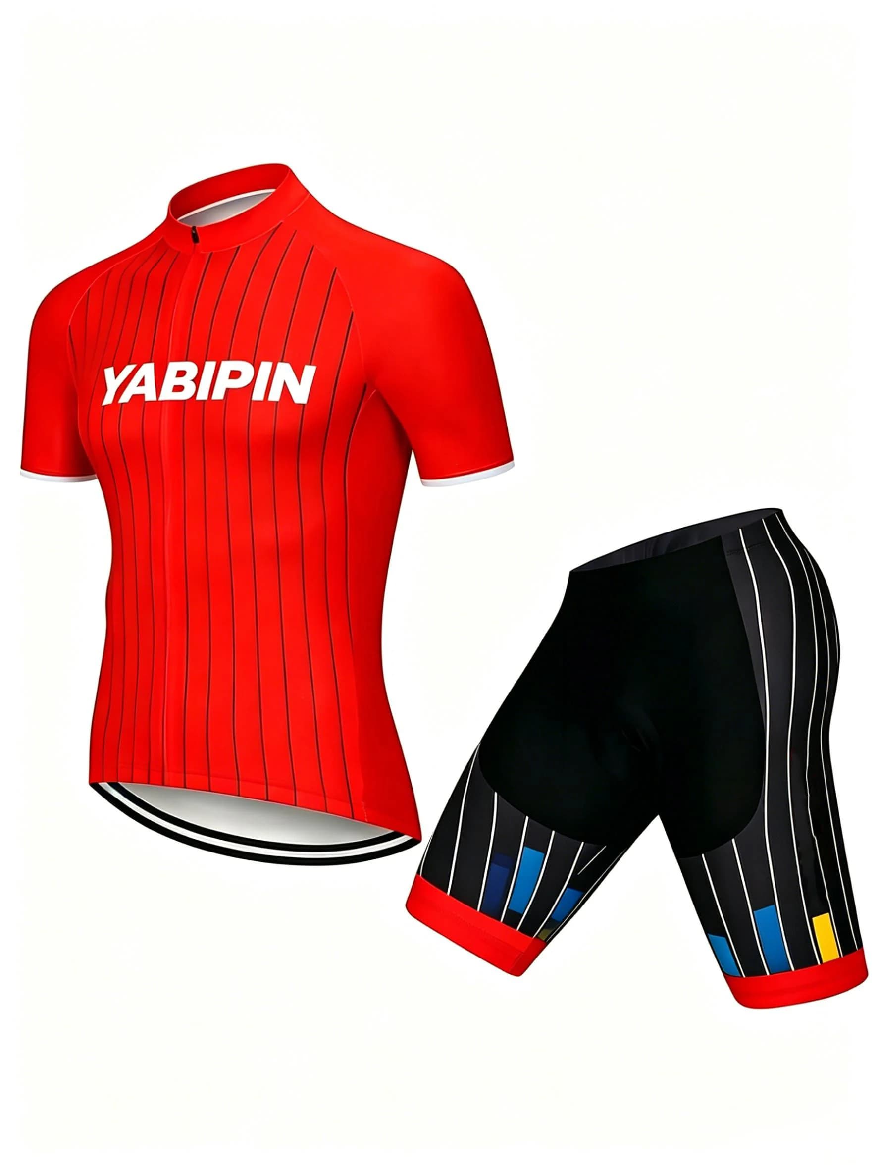 Completo da ciclismo da uomo in 2 pezzi, maniche corte e pantaloncini con zip integrale e colletto alto, tuta da ciclismo con grafica a lettere