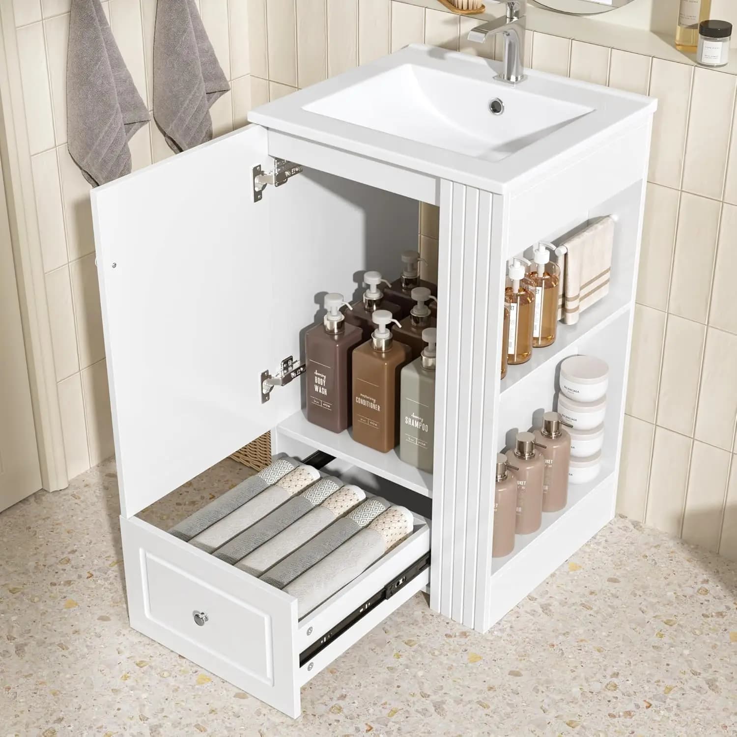 Mobile Bagno 20 Pollici con Lavabo, Cassetti, Ante, Vano Laterale, Porta Carta Igienica, in Legno MDF, Autoportante, Bianco, Personalizzabile