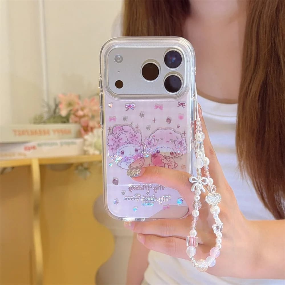Custodia per telefono coreana a quadri con glitter e cartone animato Melody, antiurto, con catena, per iPhone 17 Pro, 16 Pro Max, 13, 14, 15