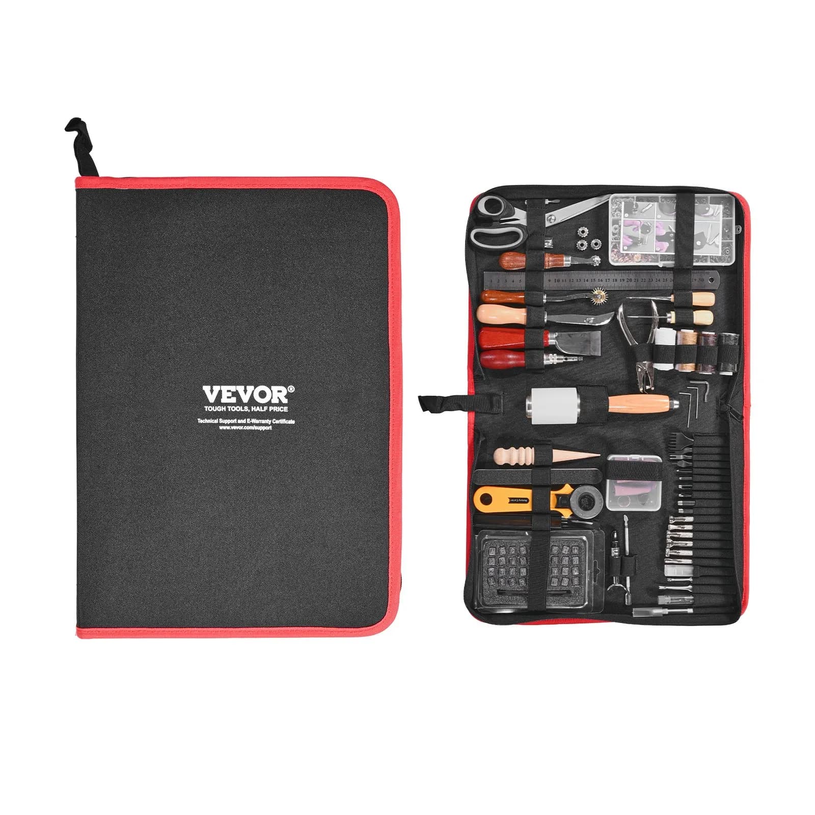 Kit di strumenti per la lavorazione del cuoio, 61 pezzi di strumenti per la lavorazione del cuoio con borsa portaoggetti portatile in tela, strumenti per incisione, punzonatura, cucitura, stampaggio e levigatura, ideali per principianti, appassionati di fai da te e professionisti