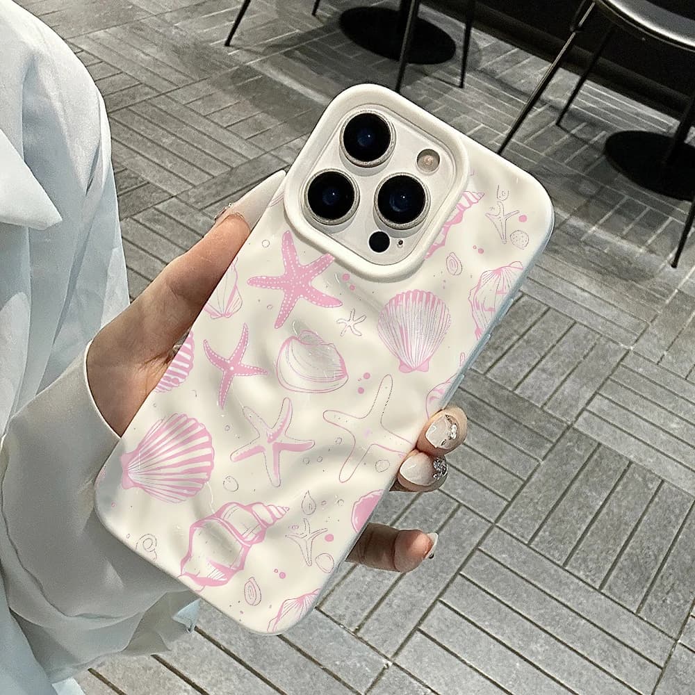 Cover Morbida in Silicone Anti-Caduta con Motivo a Onde e Conchiglie Estive per iPhone 17 16 15 14 13 12 11 Pro Max 14 15 Plus 17 Air