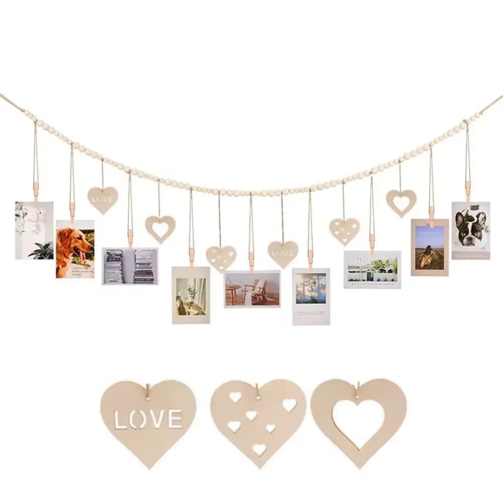 Wall Hanging Picture Display String Wooden Tassel Clips Photo Display Wooden Bead Photo Frames Home Bedroom Dorm Wall Decoration