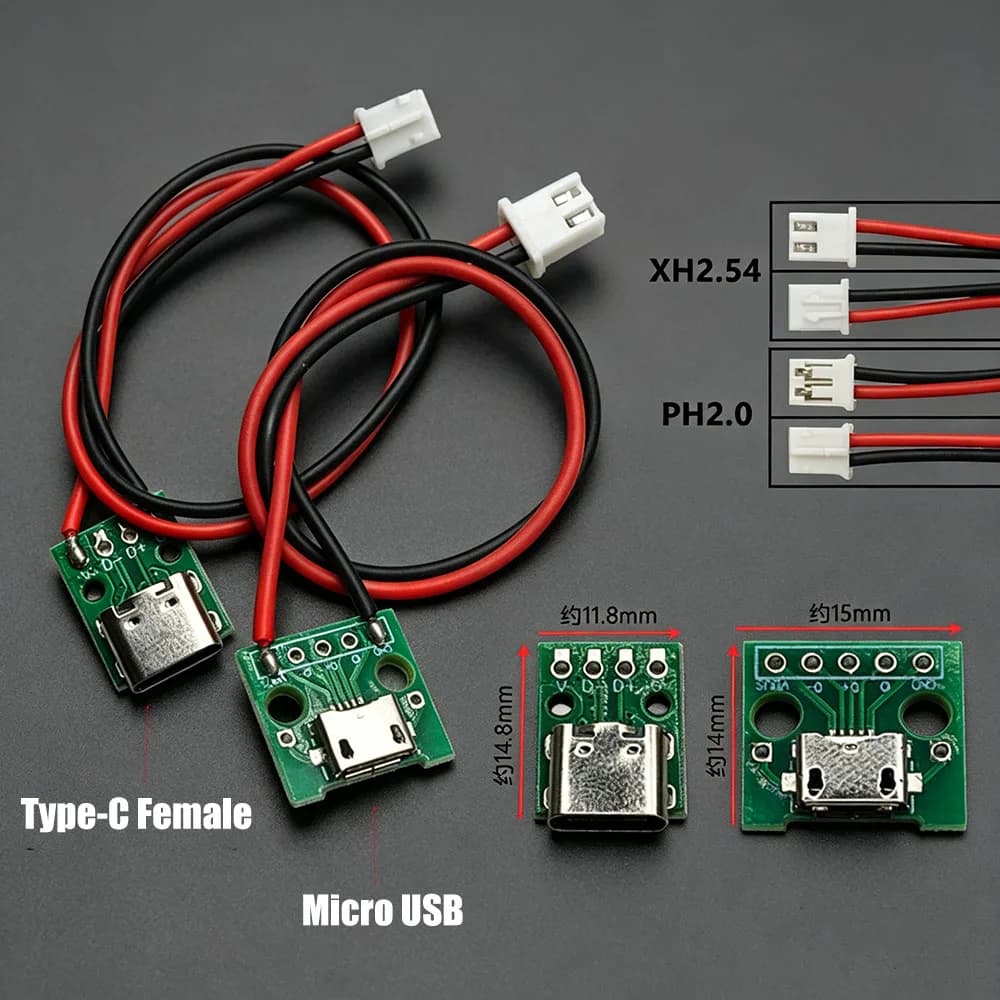 Micro USB Type-C Female Socket Connector Adapter Board With XH2.54 PH2.0 Soldered Terminal Wires Charging Cable Test Board