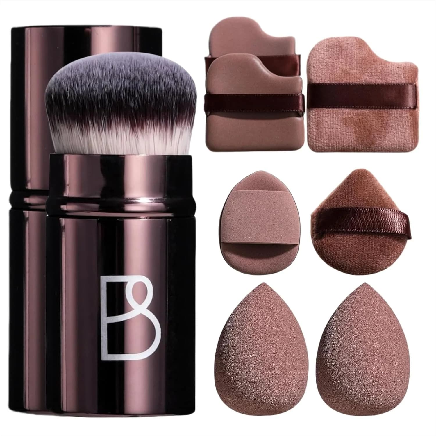 Set di 8 Pennelli e Spugne per Trucco Kabuki, Pennelli per Fondotinta e Cipria, Applicazione Impeccabile, Ideale per Viaggi