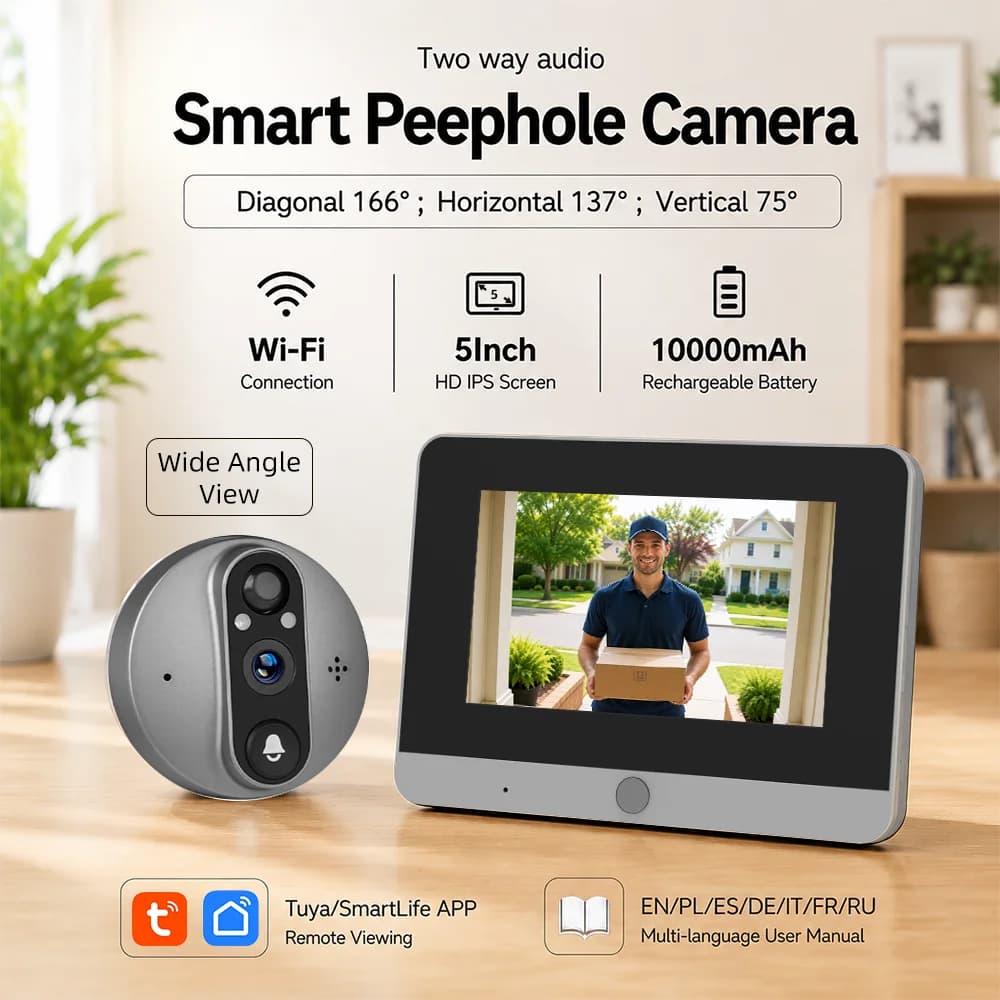 5Inch Screen 2MP WiFi Tuya SmartLife 10000mAh Battery 940nm Infrared Audio Video Door Eye Digital Viewer PIR Doorbell Camera