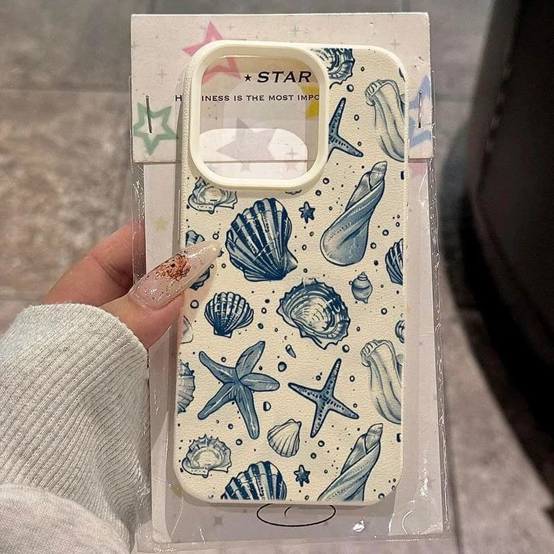 Summer Blue Ocean Creature Shell Trendy Pattern Lychee Phone Case For Xiaomi Redmi Note 15 Pro Plus 5G 14 13 12 11 14C 15C Cover