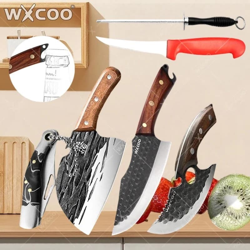 WXCOO 1 pcs Kitchen knife Forged in Multifunction Hand, Bone knife, Butcher knife with bottle opener for BBQ, Kitchen and Chef