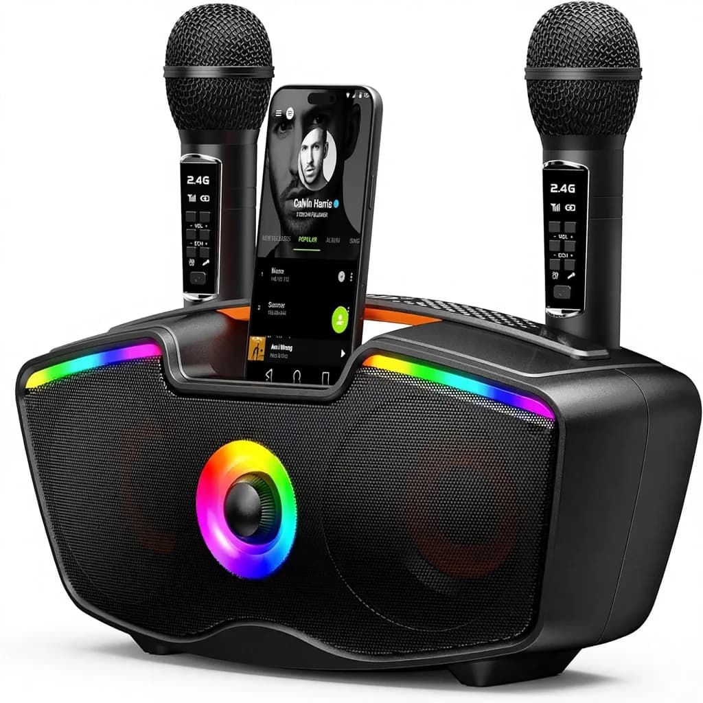 SORDA Macchina per Karaoke 80W, Altoparlante Portatile con 2 Microfoni Wireless, Maniglia Integrata, Illuminazione LED RGB per Batterie da 3000-5000mAh