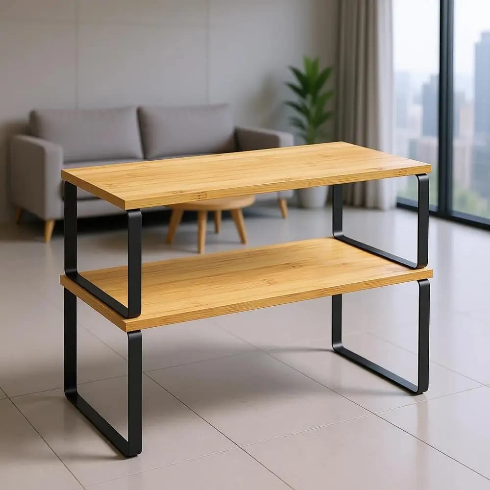 Set di Scaffali per Cucina, Organizzatore a 2 Livelli, Porta Spezie, Impilabile ed Espandibile, in Metallo e Legno, Nero e Beige