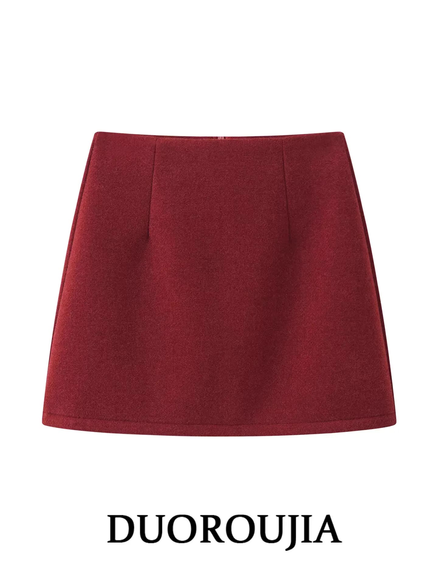 Red Woolen A-Line Skirt Women's plus Size Spring Slimming Retro Korean Style Short Half-length Skirt by DUOR