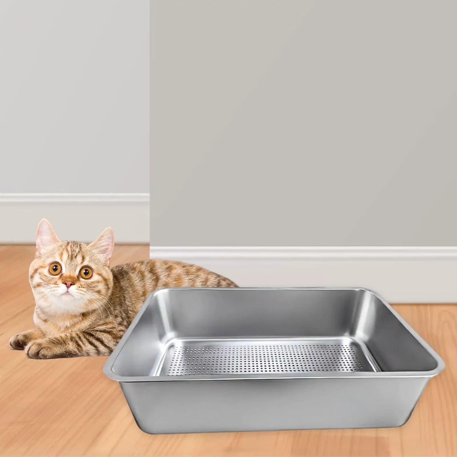 Lettiera per Gatti in Metallo con Bordi Alti e Setaccio, Facile da Pulire, Toilette Portatile per Gatti e Piccoli Animali