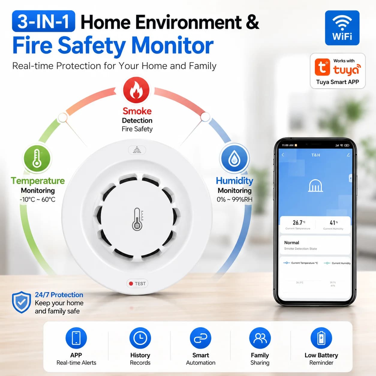 WiFi Smoke Detector Temperature Humidity Sensor Smart Fire Alarm Tuya Smart Life APP Alert Home Security Sensor