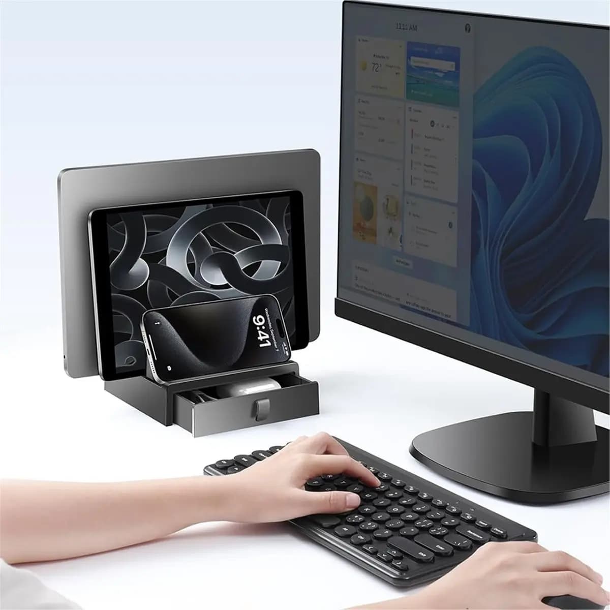 Supporto Verticale per Laptop Homegood Vaydeer con Cassetto, Porta Laptop in Plastica a Doppio Scomparto con Design Salvaspazio, Regolabile