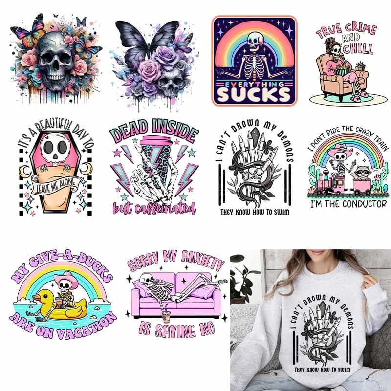 Teschio Ferro su DTF Stampa a caldo Adesivo Abbigliamento Serie di moda Cartoon Skull Termici DTF Trasferimento Stampa Patch T-shirt Patche fai da te