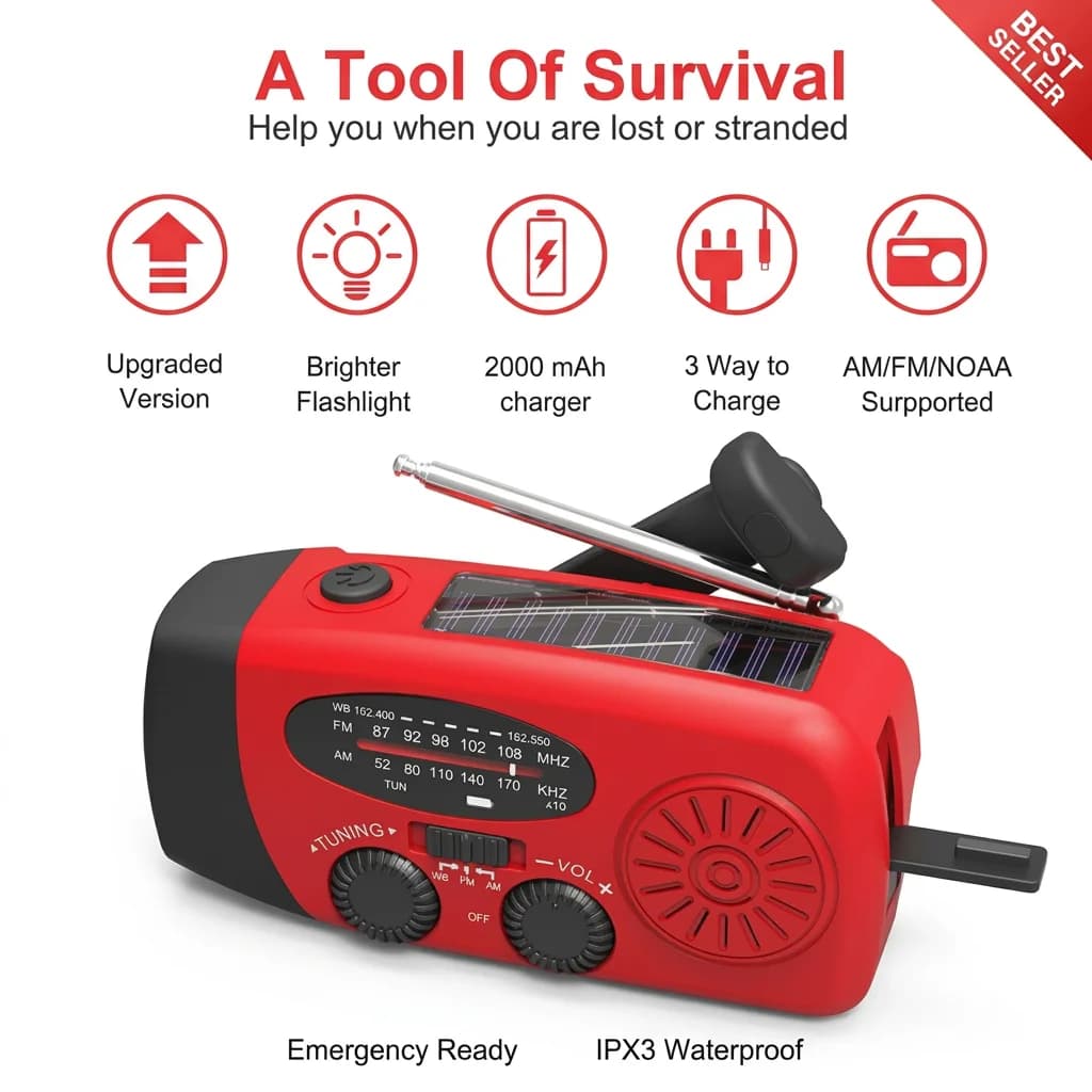 Solar Radio Portable with 2000mAh Battery, Manovella, AM/FM/NOAA Bands and LED Flashlight, Emergency Equipment for Open Living