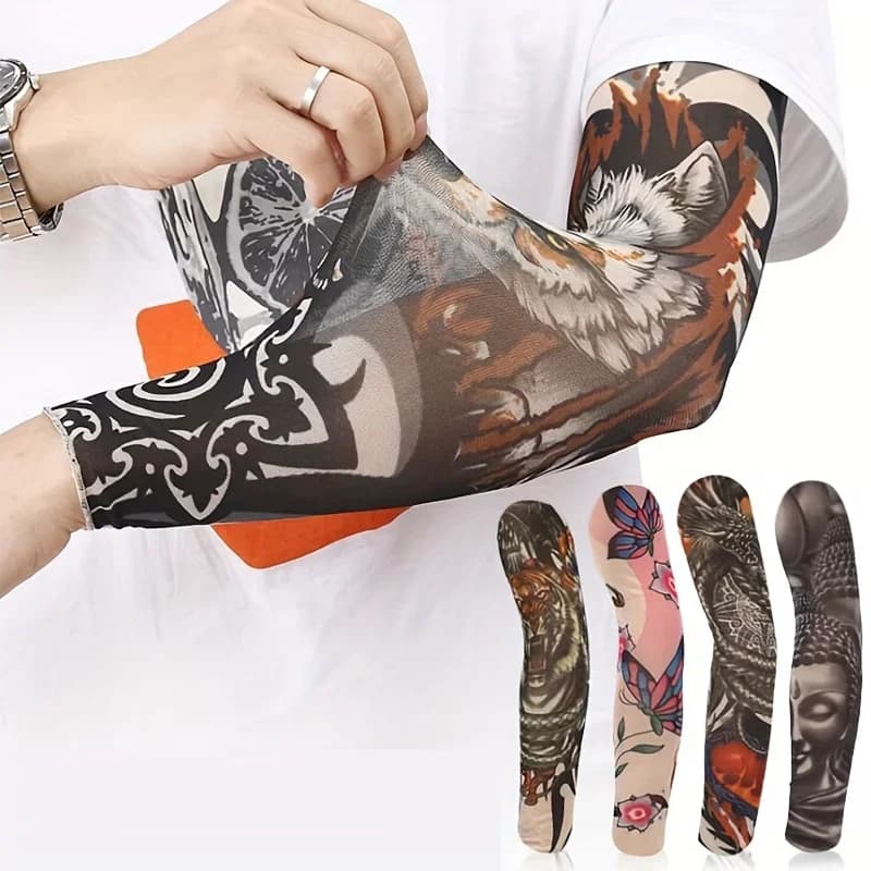 4 pairs - casual combination of identical sun protective sleeves for men and women, flower sleeves OLD SCHOOL, protective ice effect sleeves, outdoor cycling sleeves, protective driving sleeves, casual combination XXX
