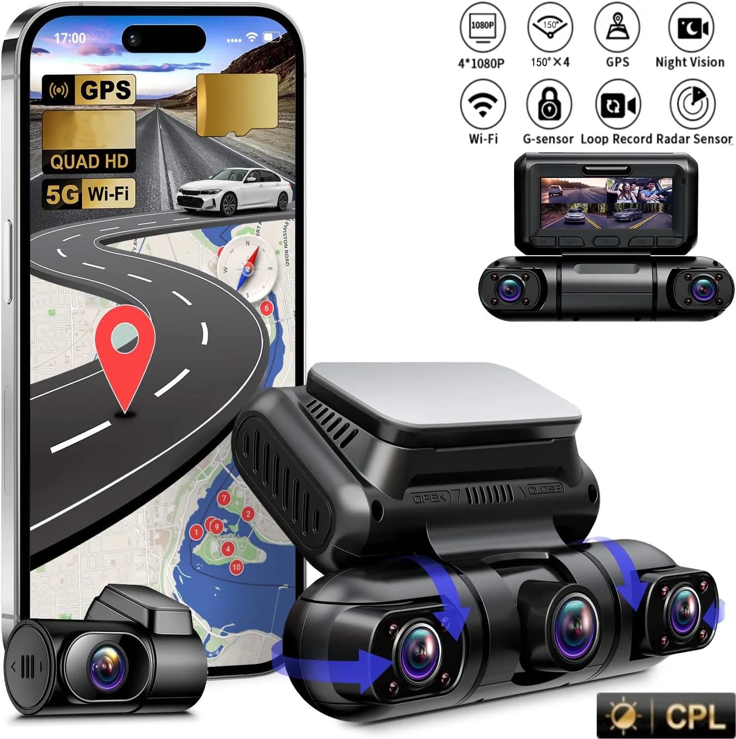 360 ° Panorama Dash Cam 4 channels front/rear/left/right 4*1080P Rooms 5G WiFi/GPS/8 infrared light Monitor night vision 512GB
