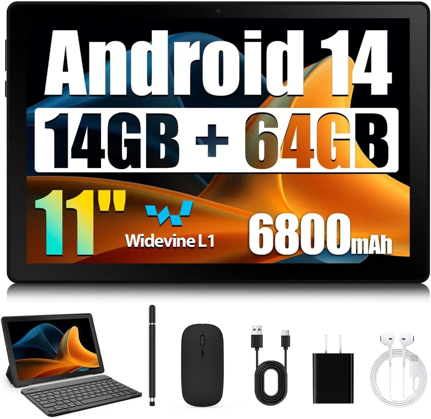 URAO Tablet da 11 pollici Android 14GB RAM 64GB ROM 6800mAh IPS HD Touch Screen con tastiera Custodia protettiva Mouse Stilo Kit 8 in 1