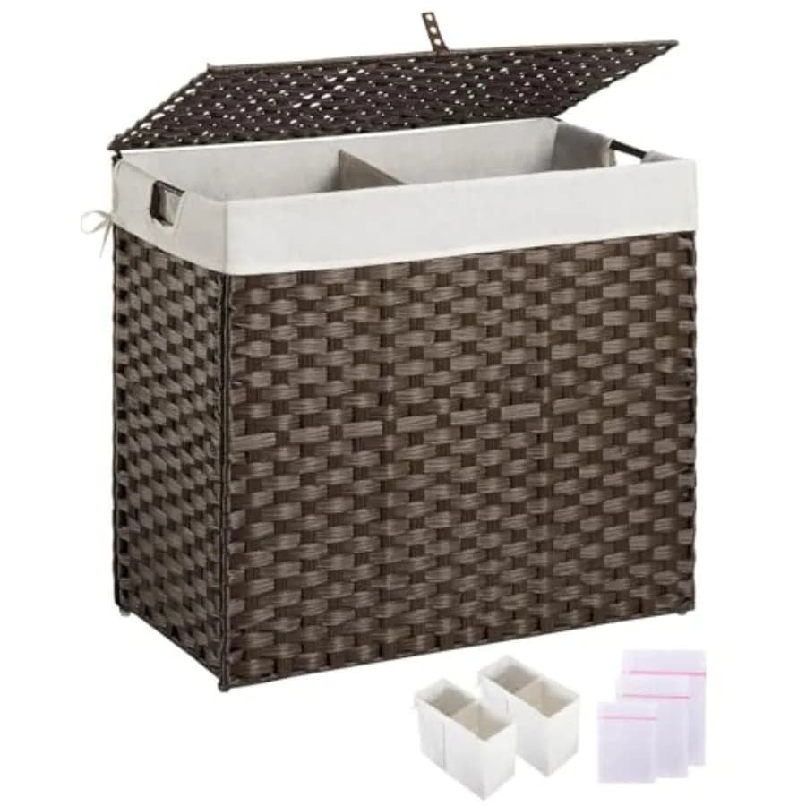 Cesto Portabiancheria Pieghevole in Vimini da 130L con Coperchio e Due Sacchi Rimovibili per un Efficiente Stoccaggio dei Vestiti, Design in Rattan Intrecciato a Mano