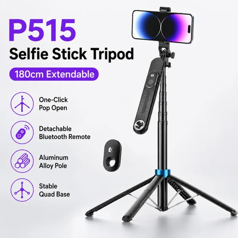 P515 Bluetooth Selfie Stick Tripod, Anti-Shake Telescopic Phone Holder Stand for Travel Vlog Live Stream Photo Video