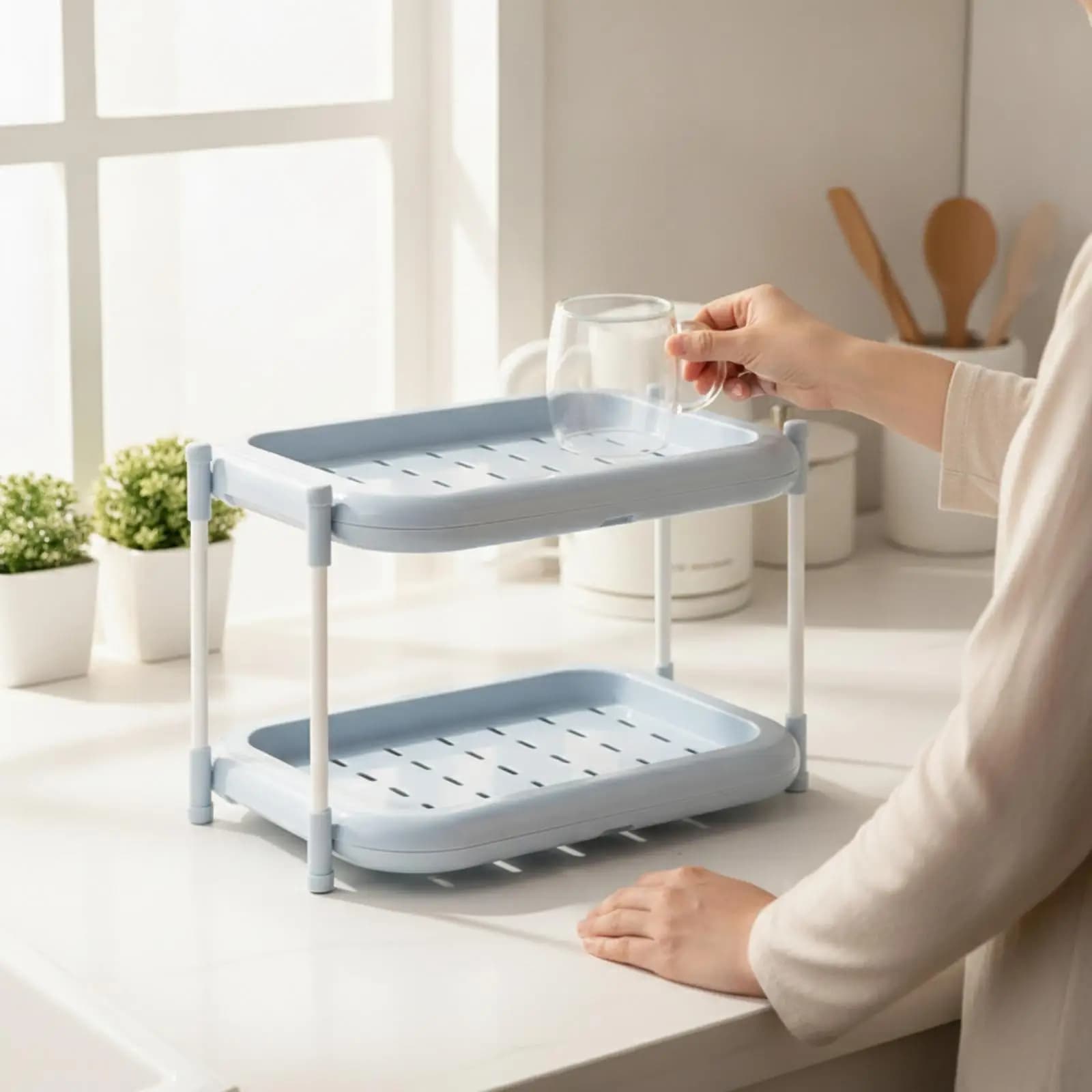 PS Material Storage Rack Shelf for Desk Kitchen Countertop Two Level Tray Organizer Quick Drain Design