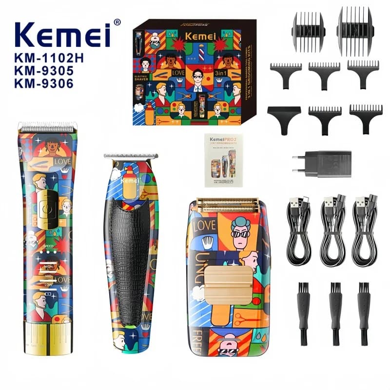 Kemei KM-1102H KM-9305 KM-9306 Professional haircuts, gift set for haircuts and electric shaver with design Graffiti